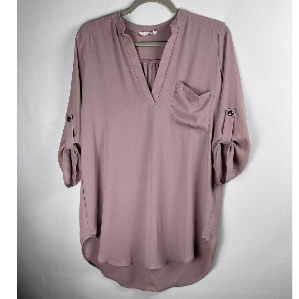Lush V-Neck Tunic Blouse Womens S Dusty Mauve 3/4 Roll Tab Sleeve Office Casual
